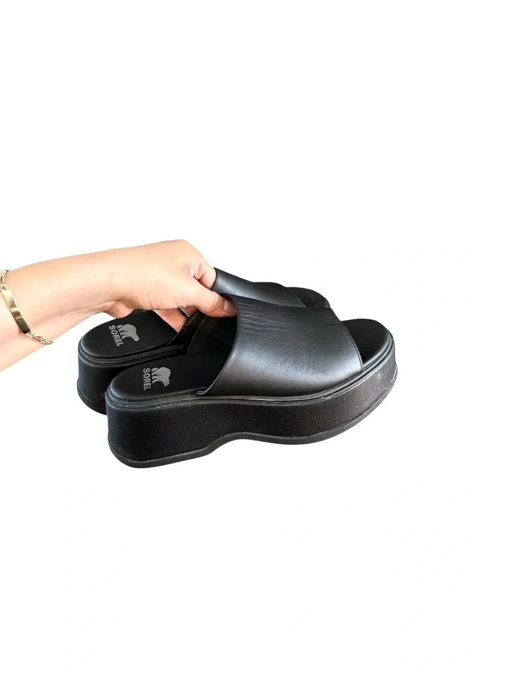 SOREL Dayspring Wedge Platform Vegan Faux Leather Open Slides Black Sandals